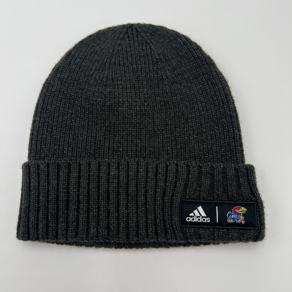 Kansas Jayhawks Adidas Gray Knit Beanie Hat Cuffed One Size NCAA New